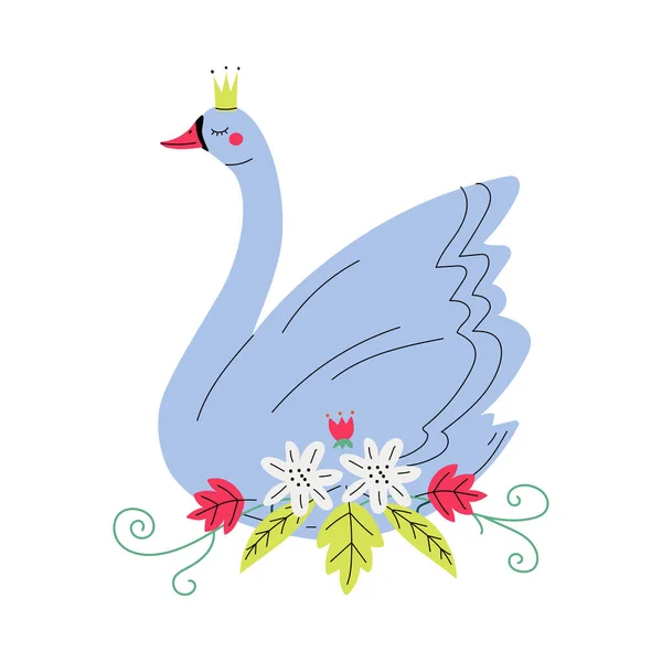 Krásná šedivá Labutí princezna se zlatou korunou, krásný pohádkový ptáček s květinami Vector ilustrace — Stockový vektor