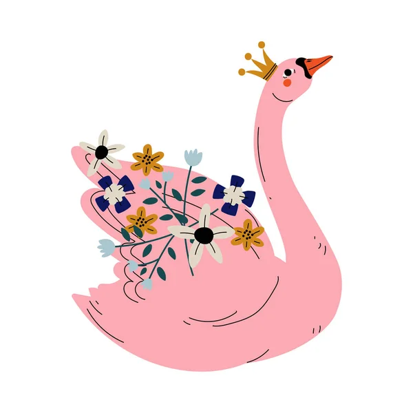 Belle princesse cygne rose avec couronne dorée et fleurs, belle illustration vectorielle Reine des oiseaux conte de fées — Image vectorielle