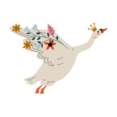 Altın taç ve çiçekler, Lovely Fairytale kuş vektör Illustration ile güzel beyaz uçan Kuğu Prenses