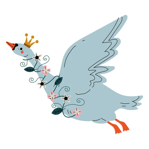Bella principessa cigno volante con corona d'oro e fiori, bella fiaba uccello vettoriale illustrazione — Vettoriale Stock