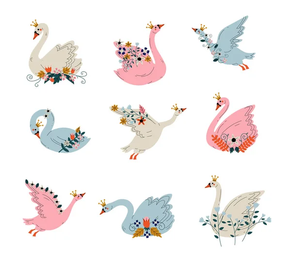 Mooie zwanen prinses met gouden kronen en bloemen set, mooie roze, wit en grijs Fairytale vogels vector illustratie — Stockvector