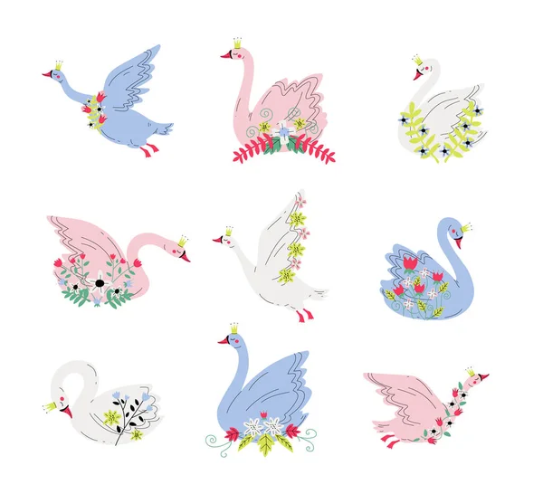 Indah Swans Putri dengan Mahkota Emas dan Bunga Set, Indah Fairytale Burung Ratu Vektor Ilustrasi - Stok Vektor