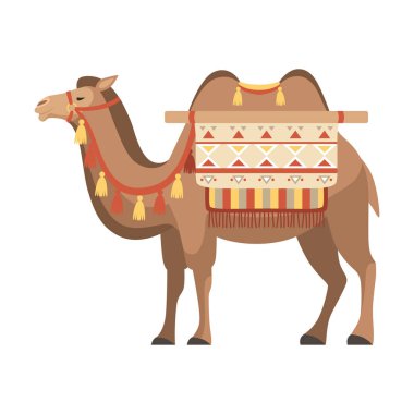 Deve, İki Humped Çöl Hayvan Bridle ve Eyer Etnik Süs Vektör İllüstrasyon ile süslenmiş