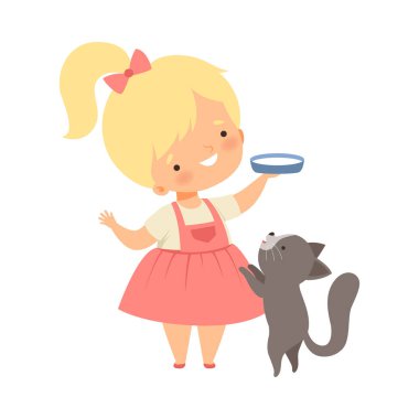 Sevimli Küçük Kız Süt ile Onu Kitten Besleme, Sevimli Çocuk Bakımı Hayvan Karikatür Vektör İllüstrasyon için