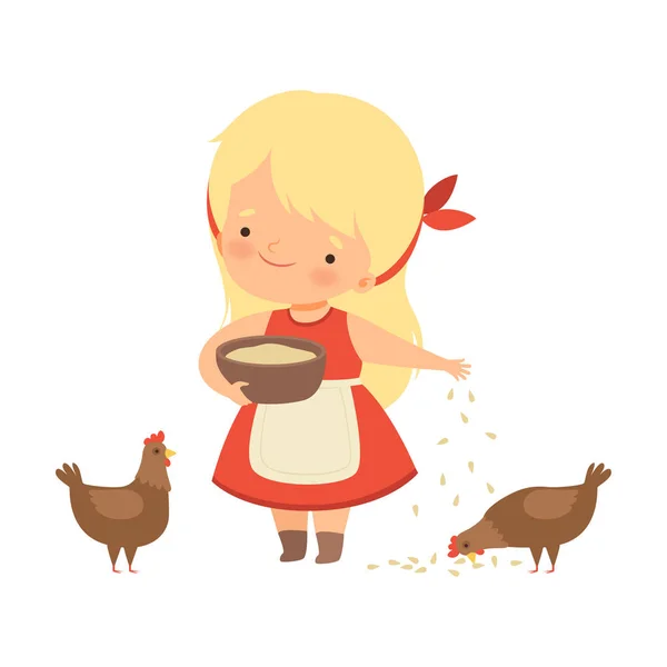 Cute Little Blonde Girl Feeding Hens with Corn, Adorable Kid Caring for Animal at Farm Cartoon Vector Illustration