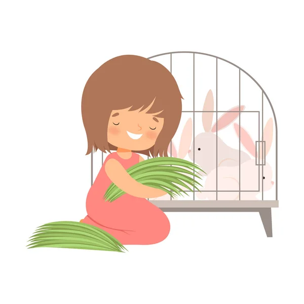 Cute Little Girl Feeding Rabbits in Cage with Grass, Adorable Kid Caring for Animal at Farm Cartoon Vector Illustration — Stock Vector