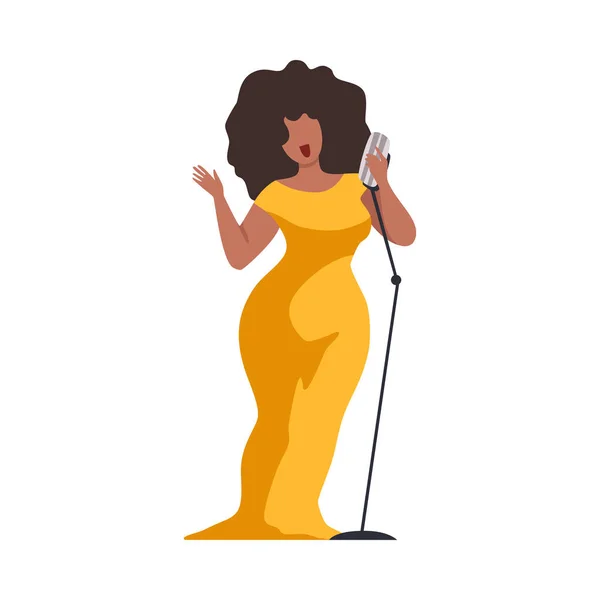 Young Woman in Yellow Evening Dress Singing with Microph Beautiful African American Jazz Singer Vector Illustration