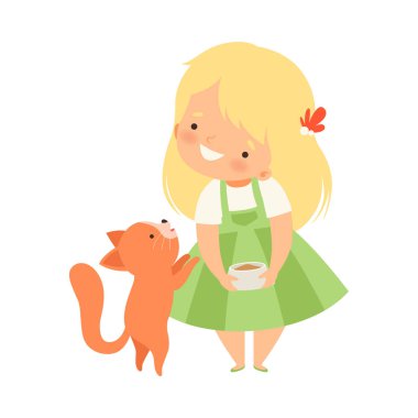 Sevimli Küçük Kız Onu Kitten Besleme, Hayvan Karikatür Vektör İllüstrasyon için Sevimli Çocuk Bakımı