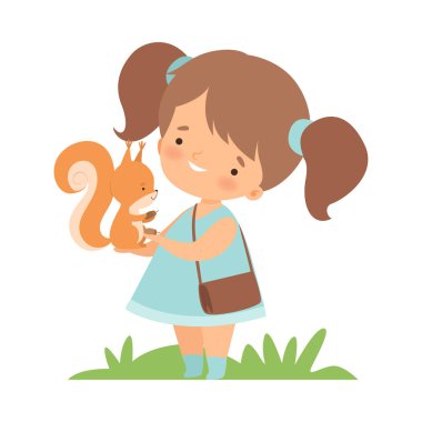 Sevimli Küçük Kız Besleme Sincap, Hayvan Karikatür Vektör İllüstrasyon bakımı adorable Çocuk