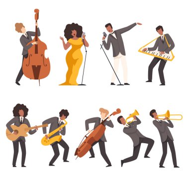 Jazz Band Group, Müzisyenler Singing ve Çalan Trompet, Klavye, Saksafon, Trombon, Gitar, Kontrbas, Vektör İllüstrasyon