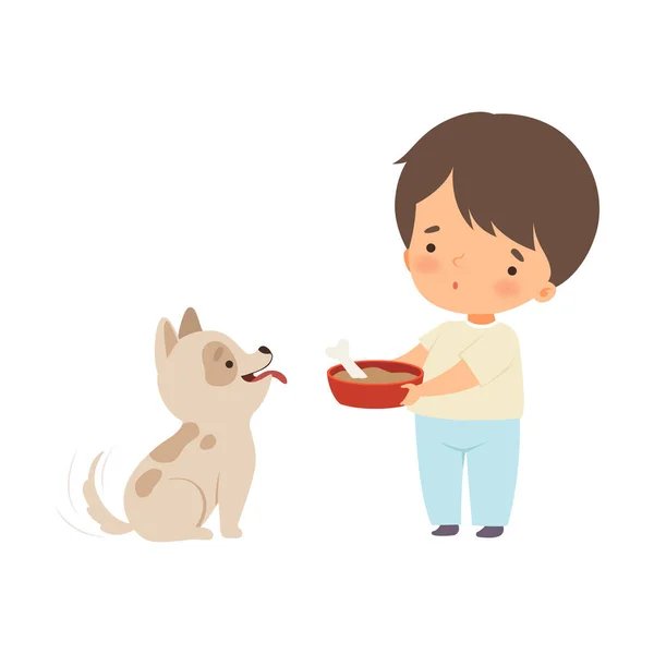 Lindo niño pequeño alimentando a su cachorro, niño adorable cuidado de dibujos animados animales Vector Ilustración — Vector de stock