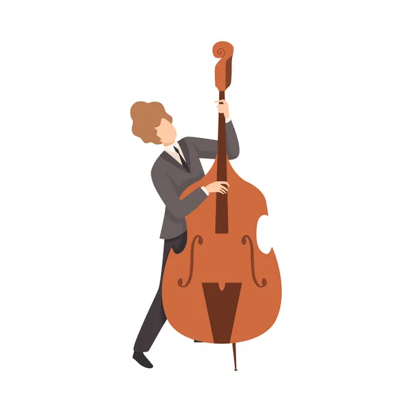 Молодий чоловік грає подвійний бас, чоловічий Джазовий музикант персонаж в елегантному костюмі з музичним інструментом Векторна ілюстрація — стоковий вектор