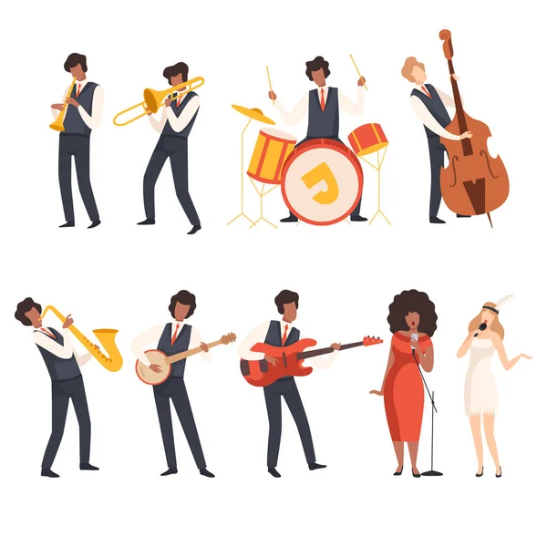 Groupe Jazz, Musiciens chantant et jouant de la trompette, Banjo, Saxophone, Trombone, Batterie, Guitare, Contrebasse, Illustration vectorielle — Image vectorielle