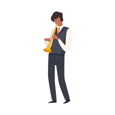 Man Playing Trompet, Erkek Caz Müzisyeni Karakter Müzikal Enstrüman Vektör İllüstrasyon ile Zarif Takım Elbise