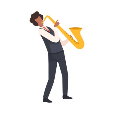 Man Playing Saksafon, Müzik Aleti Vektör İllüstrasyon ile Zarif Giysiler Erkek Caz Müzisyen Karakteri