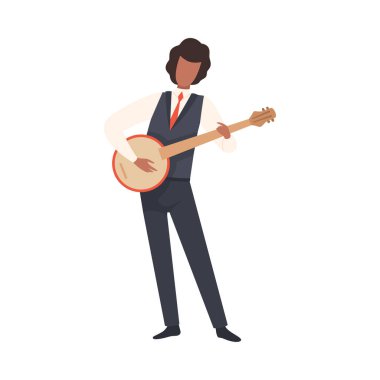 Man Playing Banjo, Erkek Caz Müzisyeni Karakter Müzik Aleti Vektör İllüstrasyon ile Zarif Takım Elbise