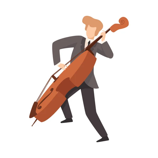 Чоловік грає на віолончелі, чоловічий музикант Контрабасист Характер в елегантному костюмі з музичним інструментом Векторна ілюстрація — стоковий вектор