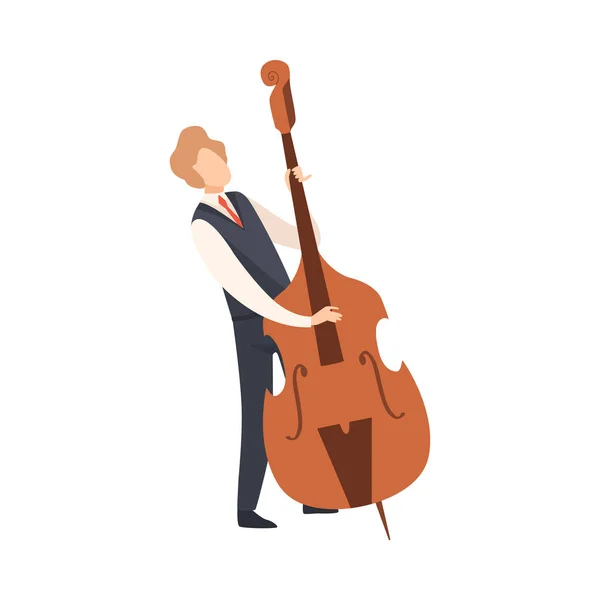 Людина грає подвійний бас, чоловічий Джазовий музикант характер в елегантному одязі з музичним інструментом векторної ілюстрації — стоковий вектор