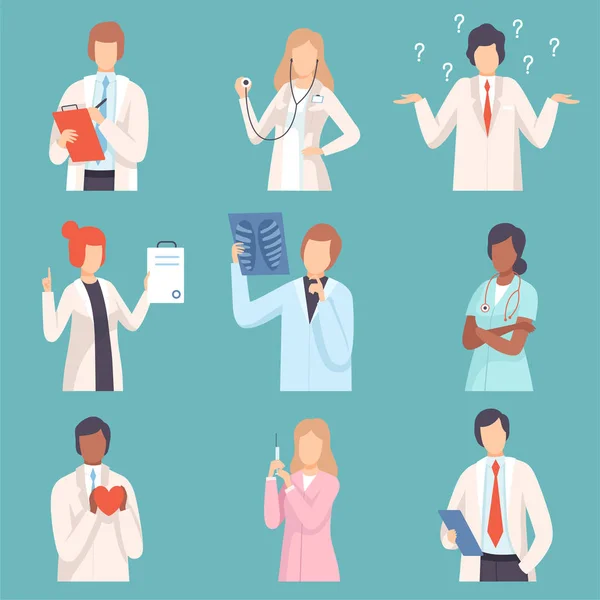 Γιατρός και νοσηλευτές σετ, ιατρικό προσωπικό, αρσενικό και θηλυκό επαγγελματίες ιατρικούς εργαζομένους χαρακτήρες στο Lab παλτά απεικόνιση διάνυσμα — Διανυσματικό Αρχείο