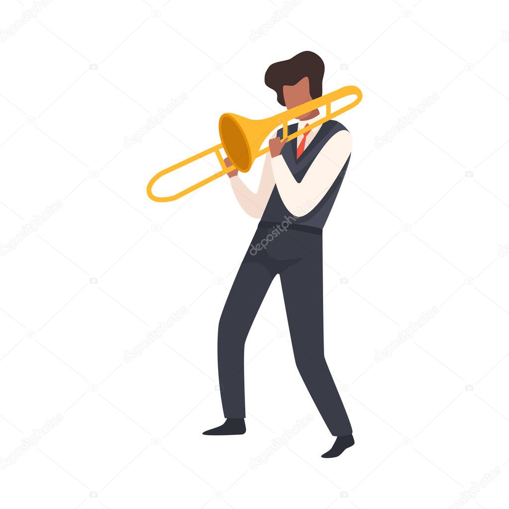 Man Playing Trombone, Male Jazz Musician Character in Elegant Clothes with Blow Musical Instrument Vector Illustration