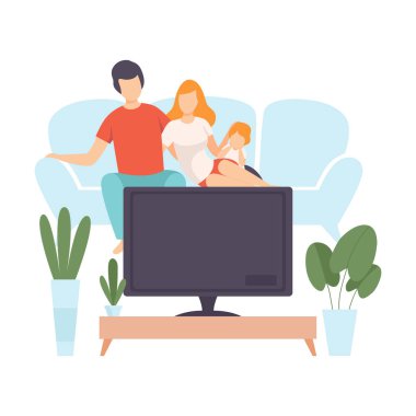 Anne, Baba ve Günah Kanepede Otururken ve Film İzle, Evde Günlük Yaşamda Aile Vektör İllüstrasyon