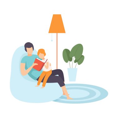 Baba Küçük Oğlu için Okuma, Evde Günlük Yaşamda Aile Vektör İllüstrasyon