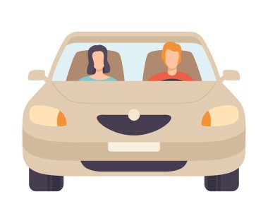 Sürücü ve Yolcu ile Araç, Ön Görünüm Vektör İllüstrasyon