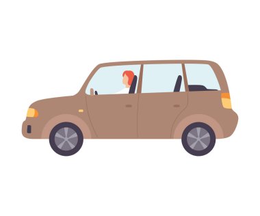 Erkek Sürücü ile Kahverengi Hatchback Araba, Ön Görünüm Vektör İllüstrasyon