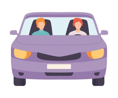 Sürücü ve Yolcu ile Leylak Araba, Ön Görünüm Vektör İllüstrasyon