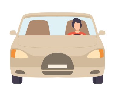 Erkek Sürücülü Gri Araba, Ön Görünüm Vektör İllüstrasyonu