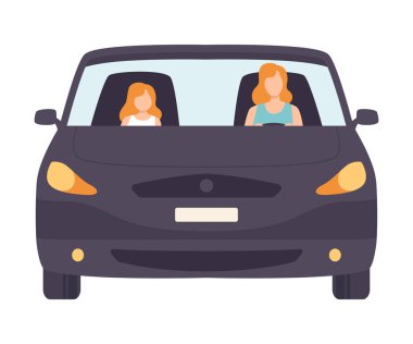 Kadın Sürücü ve Yolcu ile Siyah Araba, Ön Görünüm Vektör İllüstrasyon