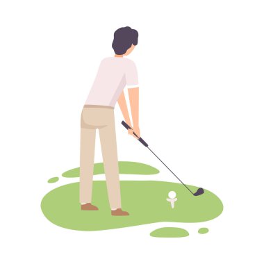 Man Playing Golf, Yeşil Çim ile Golf Kulübü ile Erkek Golfçü Eğitim, Arkadan Görünüm, Açık Spor veya Hobi Vektör İllüstrasyon