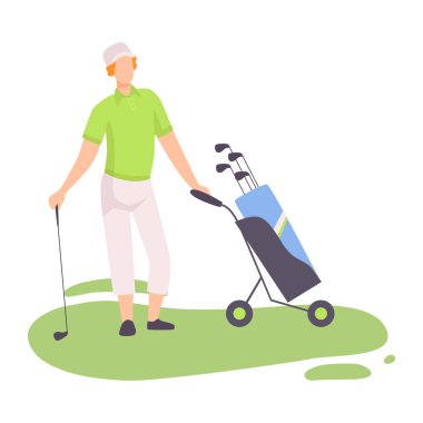 Golf Kulüpleri ile Tekerlekli Spor Çantası ile Genç Adam, Erkek Golfçü Oyuncu Ders, Açık Spor veya Hobi Vektör İllüstrasyon Ayakta