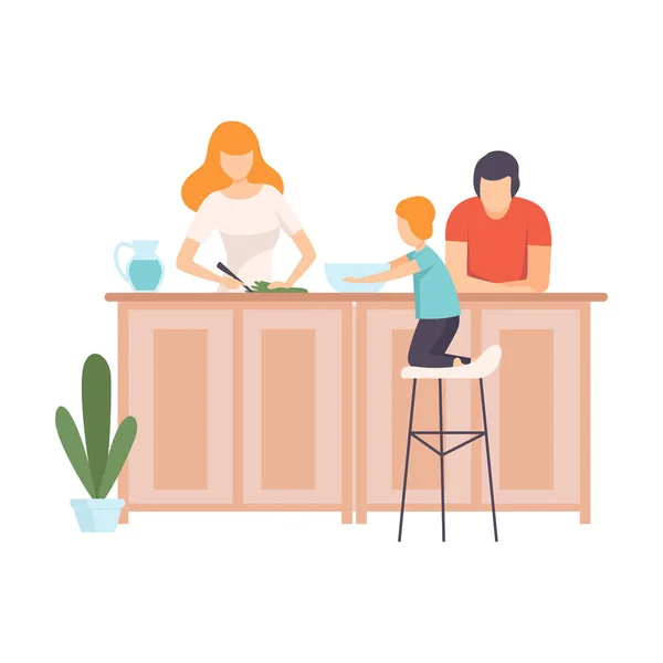 Moeder, vader en zoon koken eten in de keuken samen, familie in het dagelijks leven thuis vector illustratie — Stockvector