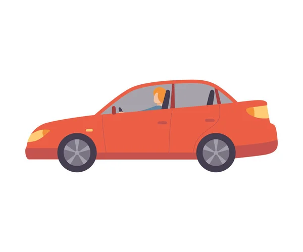 Carro vermelho com motorista fêmea, ilustração do vetor da vista lateral — Vetor de Stock