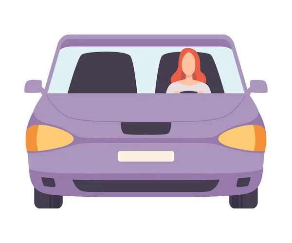 Mobil Lilac dengan Penggerak Perempuan, Ilustrasi Vektor Tampilan Depan - Stok Vektor