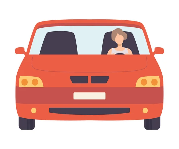 Mobil Merah dengan Penggerak Perempuan, Ilustrasi Vektor Tampilan Depan - Stok Vektor