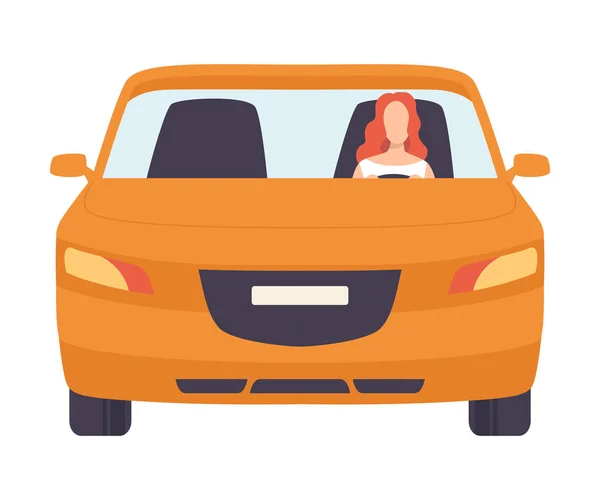 Mobil Orange dengan Penggerak Perempuan, Ilustrasi Vektor Tampilan Depan - Stok Vektor