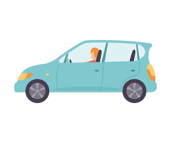 Light Blue Car with Male Driver, Side View Vector Illustration - Stok Vektor