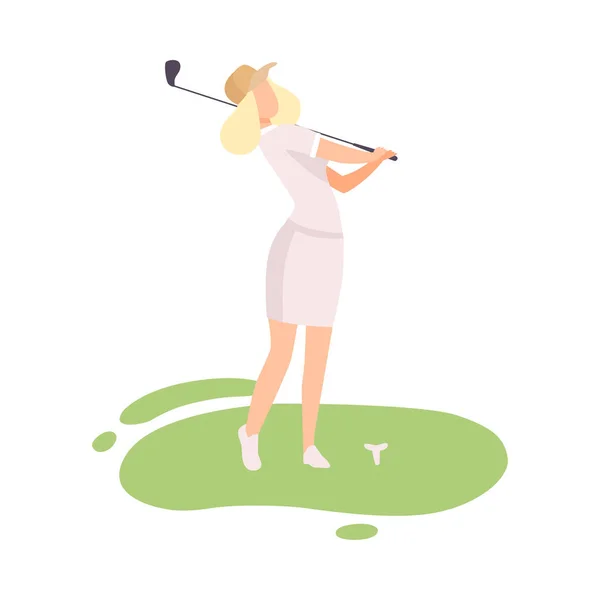 Young Blonde Woman Playing Golf, Female Golfer Training with Golf Club on Course with Green Grass, Outdoor Sport or Hobby Vector Illustration — Stock Vector