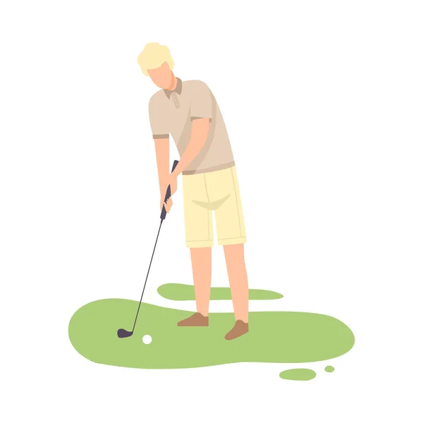 Hombre jugando al golf, Entrenamiento de golfista masculino con club de golf en el campo con hierba verde, deporte al aire libre o Hobby Vector Ilustración — Archivo Imágenes Vectoriales