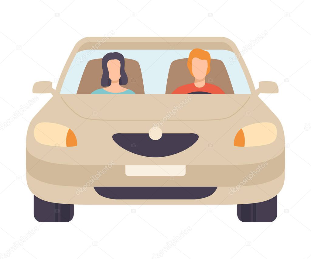 Car with Driver and Passenger, Front View Vector Illustration