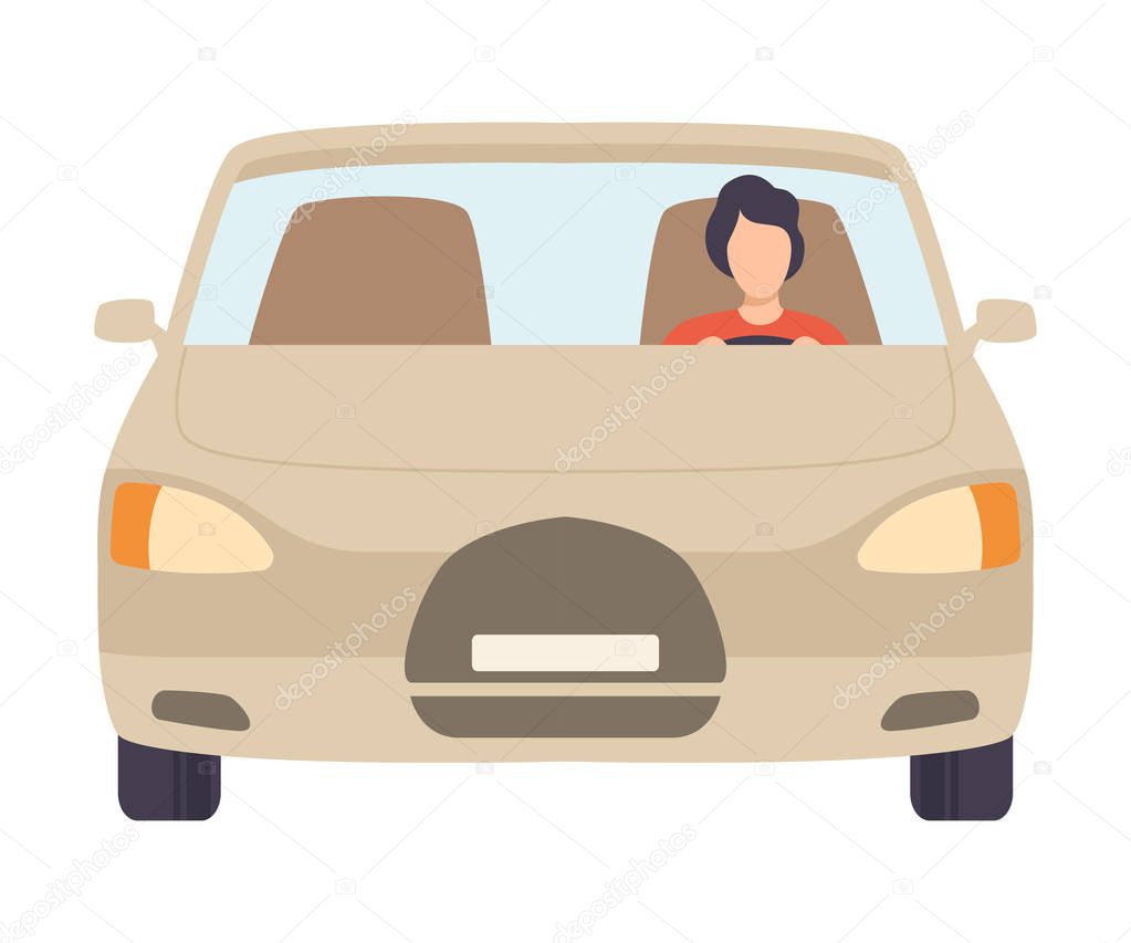 Gray Car with Male Driver, Front View Vector Illustration