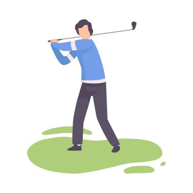 Kulüp ile Genç Adam Çarpıcı Top, Spor Üniforma Golf Oynarken Erkek Atlet, Açık Spor veya Hobi Vektör İllüstrasyon