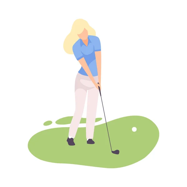 Young Blonde Woman Playing Golf with Golf Club, Female Athlete Training on Course with Green Grass, Outdoor Sport or Hobby Vector Illustration — Stock Vector
