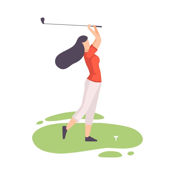 Joven morena golpeando pelota con el club, atleta femenina jugando golf en el campo con hierba verde, deporte al aire libre o Hobby Vector Ilustración — Archivo Imágenes Vectoriales