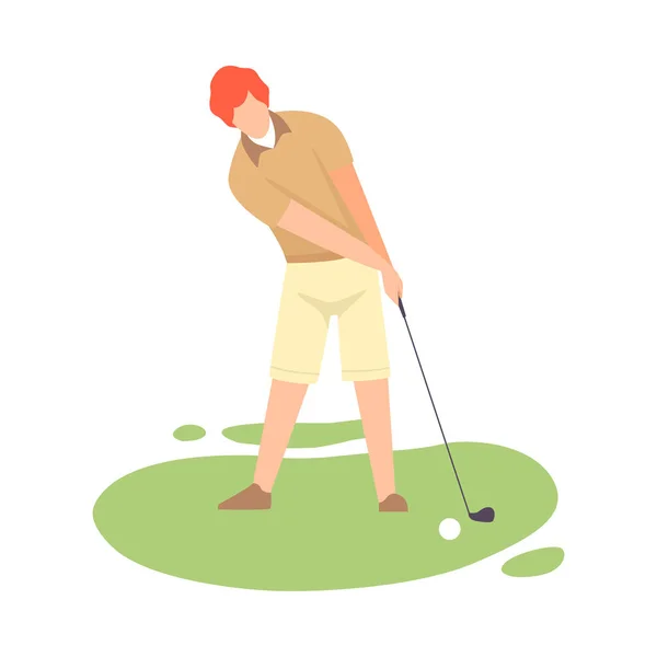 Man Playing Golf, Male Golfer Training with Golf Club on Course, Outdoor Sport or Hobby Vector Illustration — Stock Vector