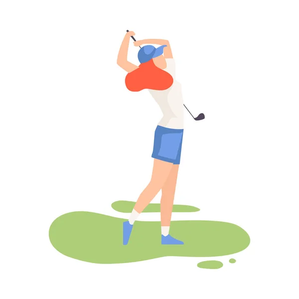 Young Woman Swinging with Golf Club, Female Athlete in Sports Uniform Playing Golf on Course, Outdoor Sport or Hobby Vector Illustration — Stock Vector