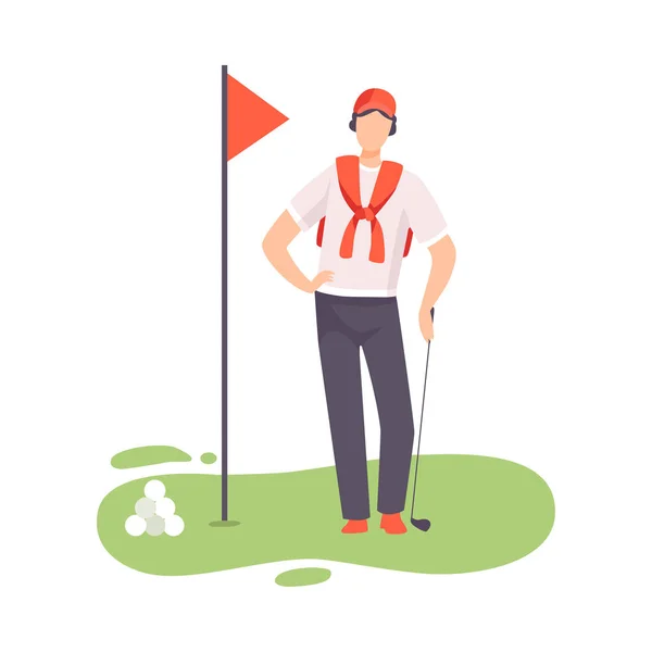 Joven de pie con el club de golf, jugador de golf masculino jugando al golf en el campo, deporte al aire libre o Hobby Vector Ilustración — Archivo Imágenes Vectoriales