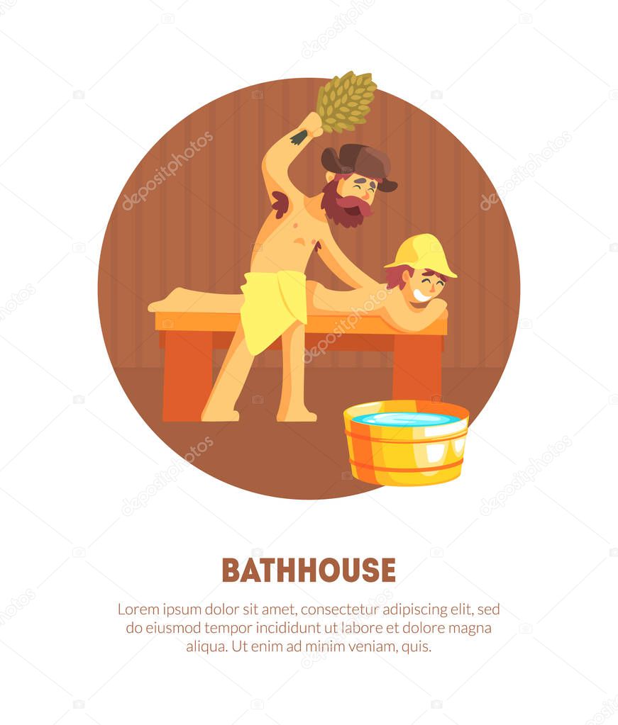 Russian Bathhouse Banner Template with Place for Text, Male Attendant Hitting Man Who Laying on Bench with Bunch of Birch Tree Twigs Vector Illustration